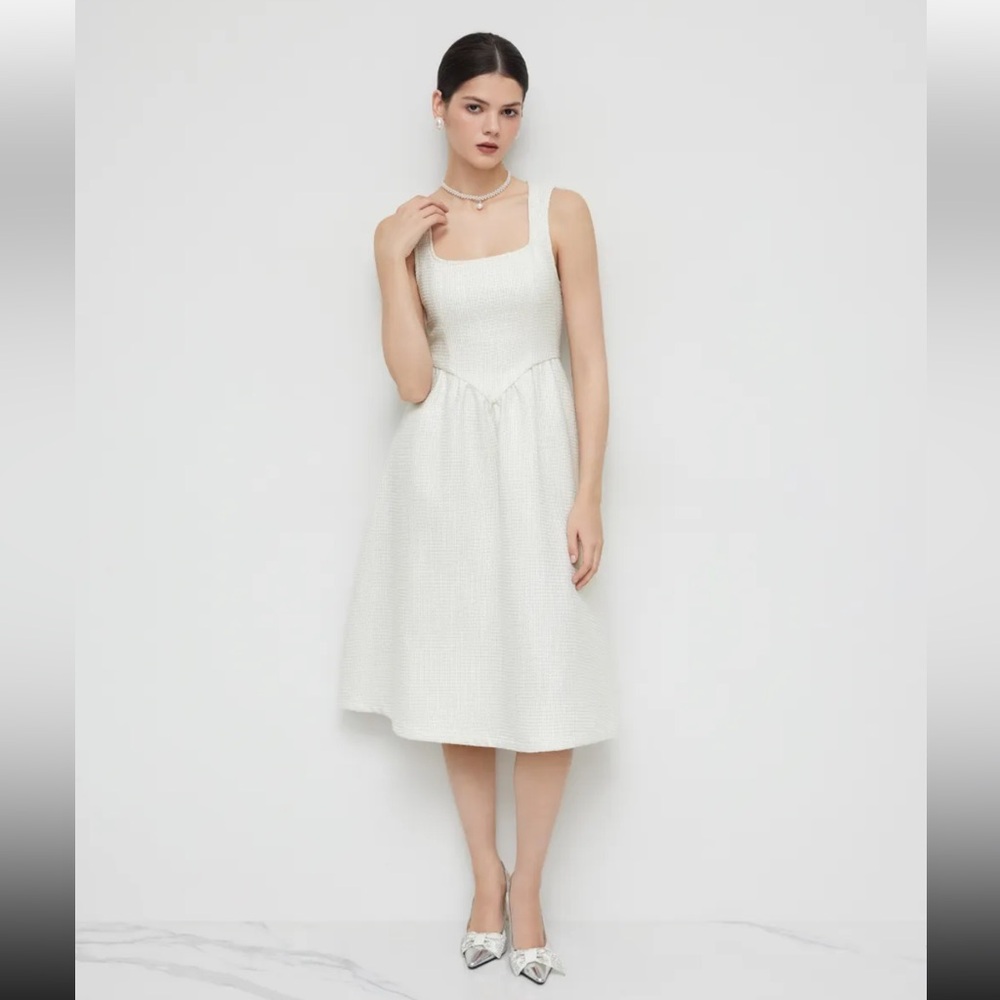 CIDER TWEED SQUARE NECK RUFFLE MIDI